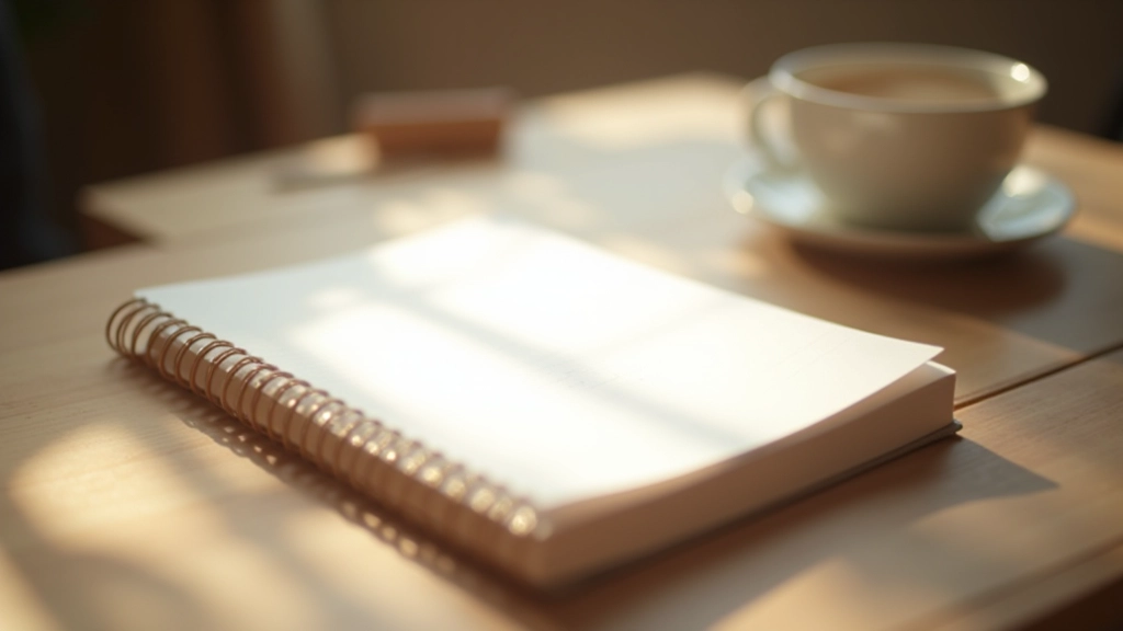 Dagbog eller journal på skrivebord med refleksive noter, stille arbejdsplads med godt lys
