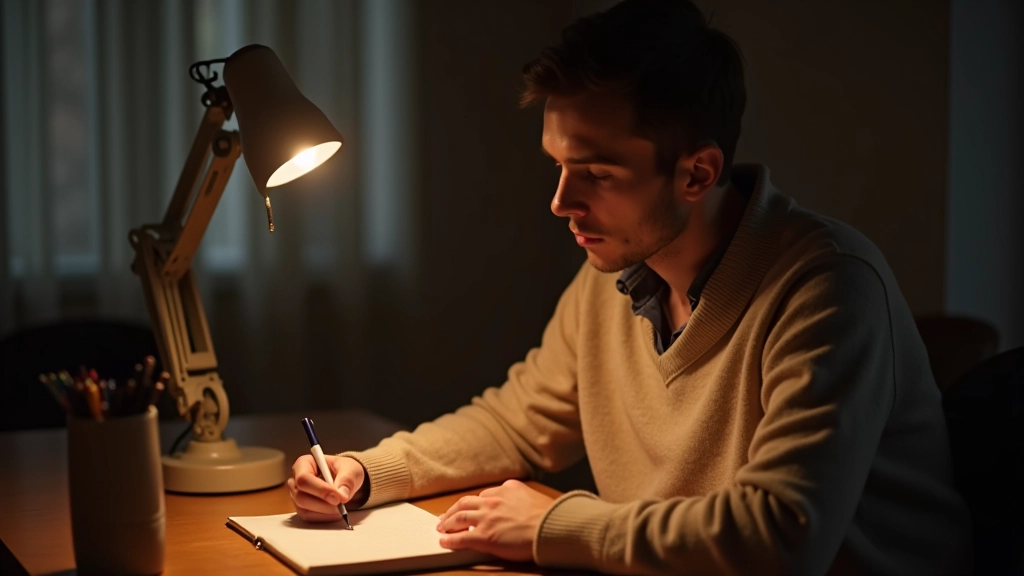Person som skriver liste over feedback i journal, reflekterende øjeblik, varmt lys på skrivebordet