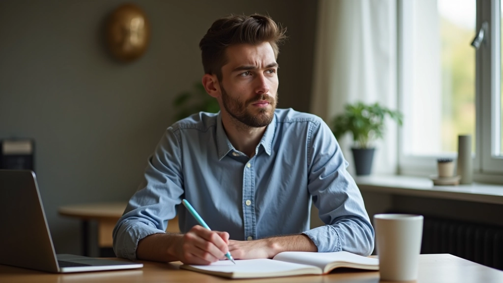 Person ved skrivebord noterer feedback points i notesbog, tankefuldt udtryk, naturligt lys fra vindue