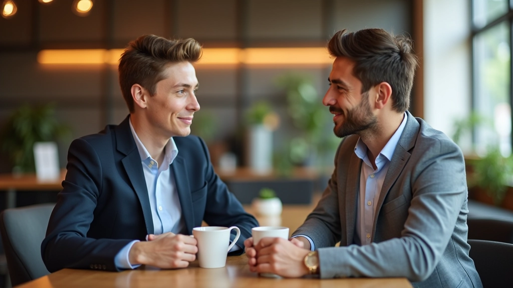 To personer i samtale ved en kaffebord, konstruktiv dialog og lytning, moderne indre miljø