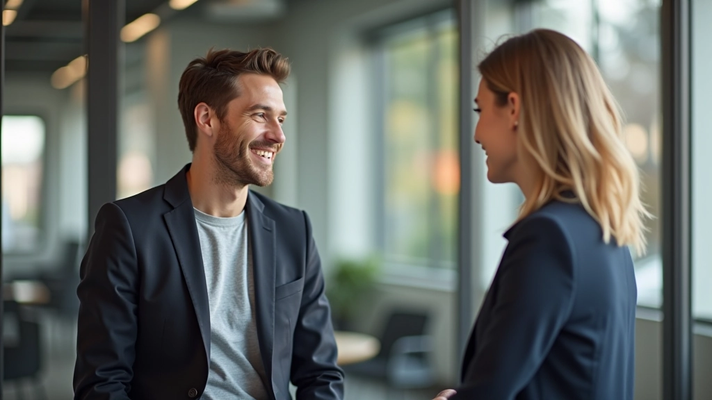 To mennesker diskuterer med positive ansigtsudtryk i moderne miljø
