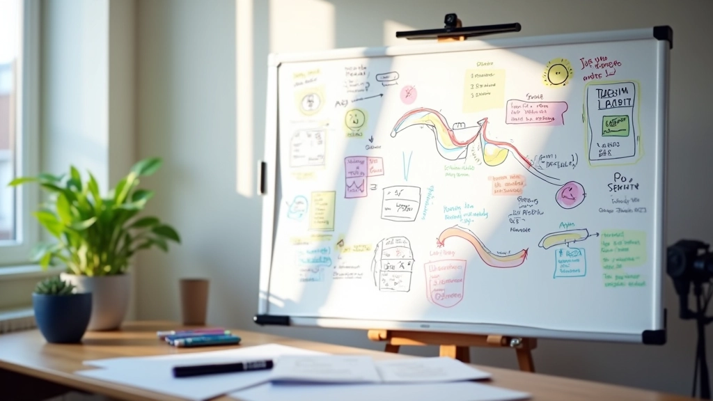 Whiteboard med mindmap-tegninger og farvede markører, samarbejdsmiljø