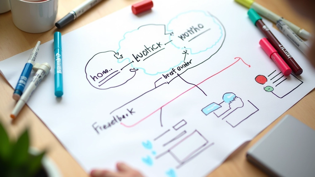Whiteboard med feedback-modellen tegnet op, pile der viser transformation fra kritik til udvikling