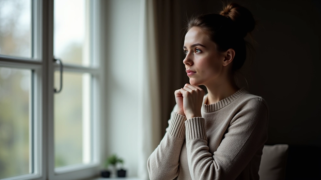 Tænkende person ser ud af vinduet med drømmende udtryk